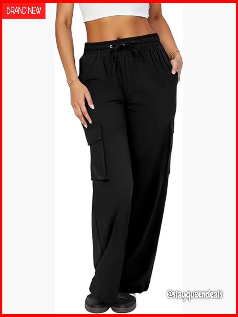 High Waisted Parachute Cargo Pants Lightweight Water Resistant Quick Dry